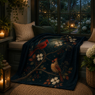 Vintage Botanical Cardinal Throw Blanket, Red Bird Pair with Ivory Blossoms and Berries on Dark Teal, Flannel Layer for Sofa, Bedroom and Reading Nook, 60 x 80 in
