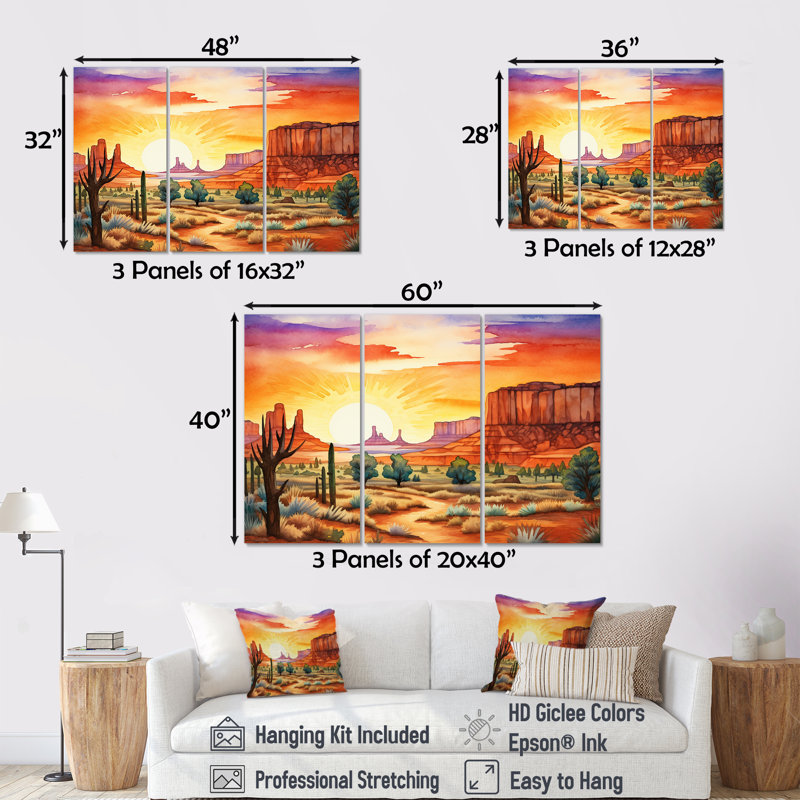 Native Navajo Landscape III - Ensemble de décoration murale d'art amérindien, H 28 po x l 36 po x P 1 po, Toile tendue