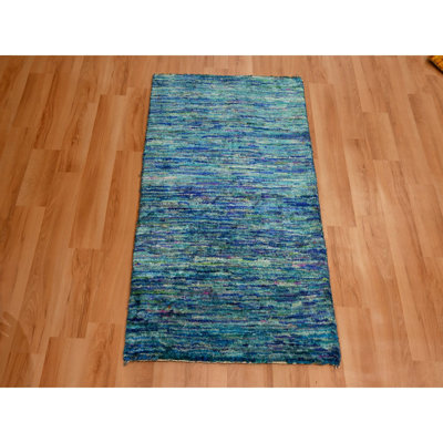 Tapis oriental bleu vif 2 pi x 3 pi avec mélange de bleu sarcelle, motif uni uni, tapis oriental en soie pure sari noué à la main