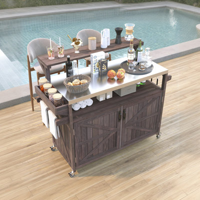 Heavy-Duty 53" Outdoor Grill Cart with Easy-Clean Stainless Steel Tabletop, 400lbs Capacity Solid Wood Kitchen Island, Portable Prep Station for BBQ & Pizza Oven