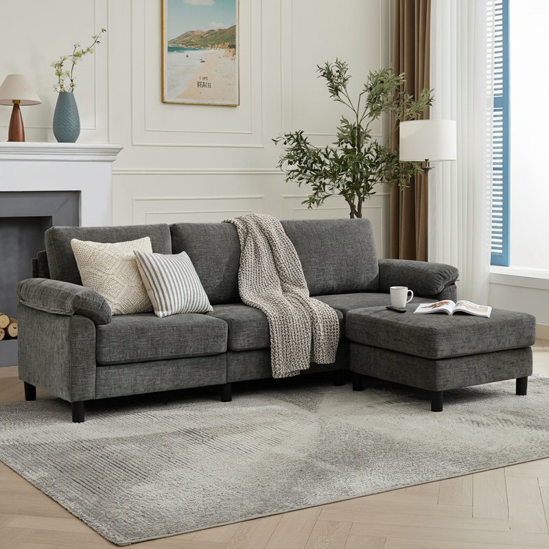 4-Piece Upholstered L-Shape Convertible Sectional Couches Sofas with Ottoman, Gray