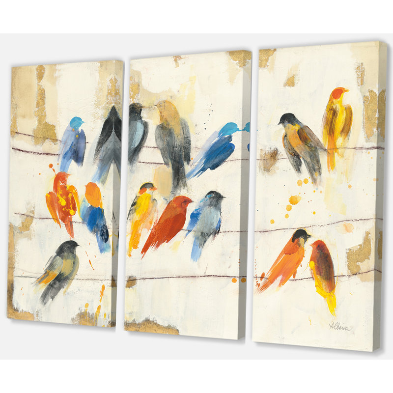Multicolor Bird Meeting - 3 pièces, reproduction d'art sur toile tendue, H 28 po x l 36 po x P 1 po