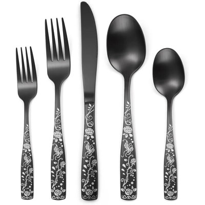 40-Piece Matte Black Rose Flatware Set For 8, 18/0 Stainless Steel With Vintage Flower Design, Dishwasher Safe For Daily And Party Use