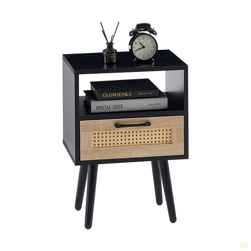 15.75" Rattan End Table With  Drawer And Solid Wood Legs, Modern Nightstand, Side Table For Living Room, Bedroom, Black