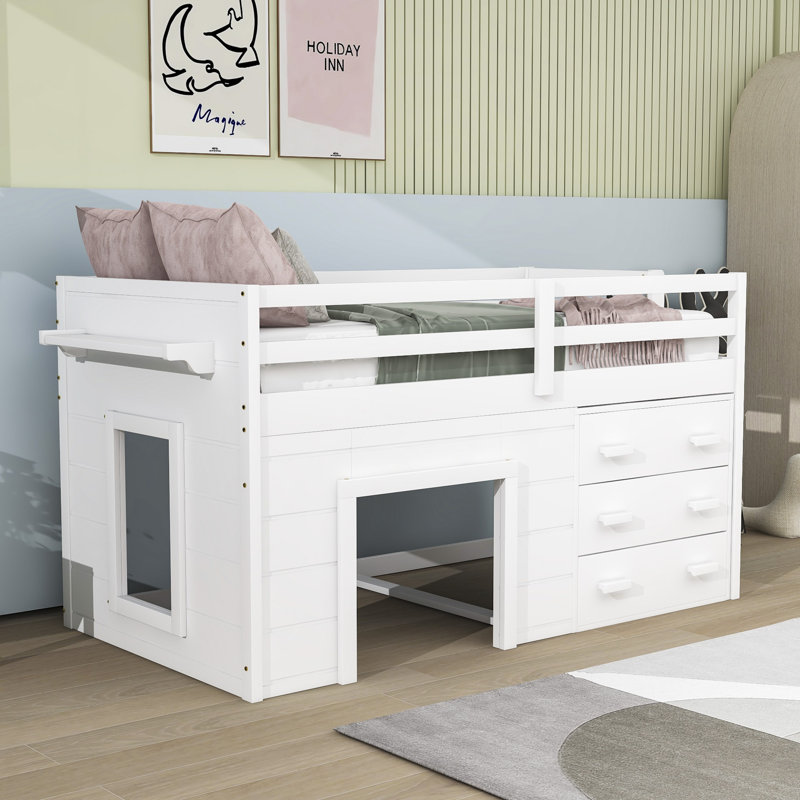 Fenelus Kids Twin Loft Bed with 3 Drawers, White