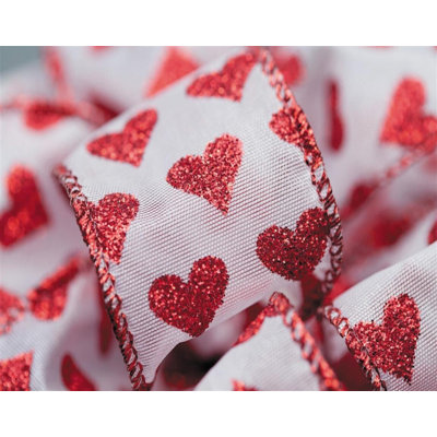 1.5"X50Yds Wired White With Red Glitter Hearts Ribbon