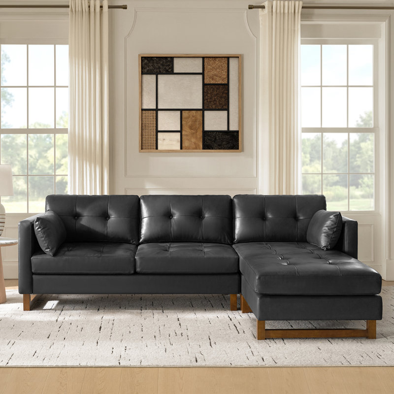 Amando 101"W Mid-Century L-Shape Genuine Leather Reversible Modular Sectional Sofa, Black Genuine Leather