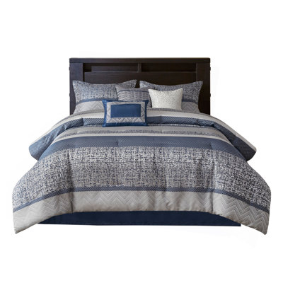 7 Piece Jacquard Comforter Set Navy Queen