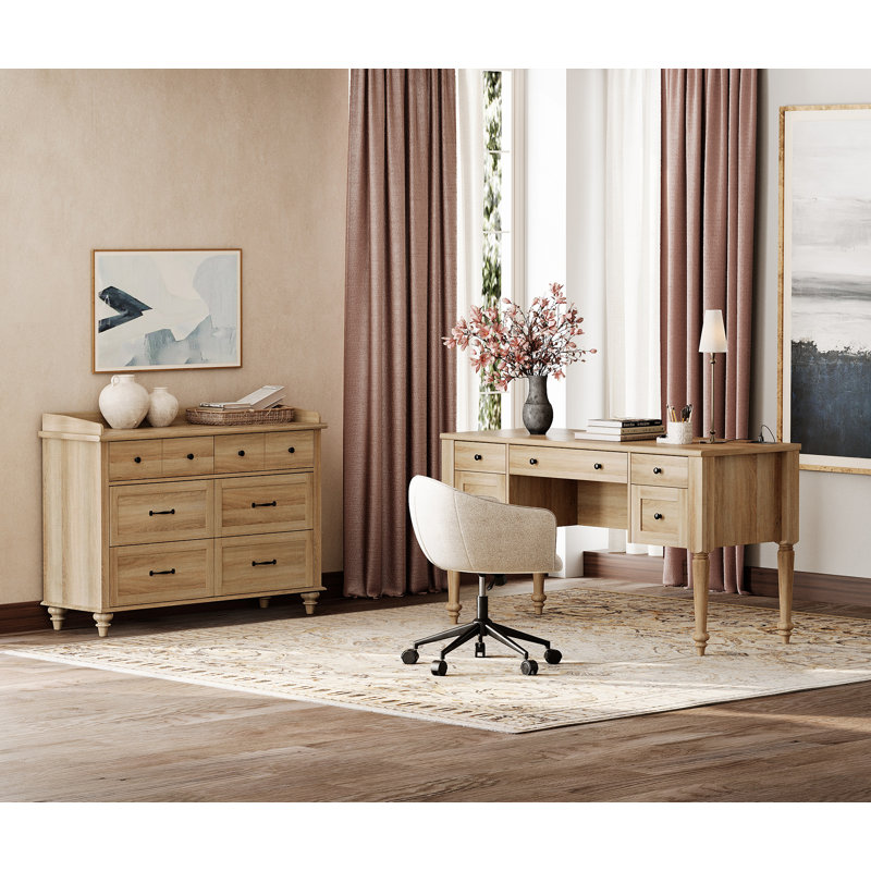 Ensemble de bureau 2 pièces, bureau d'ordinateur 56 po et commode, Chêne, 2 pièces: bureau, commode 6 tiroirs