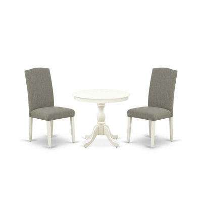 3 Piece Dining Set Consists of 1 Pedestal Dining Table and 2 Dark Shitake Linen Fabric Dining Room Chair High Back with Nail Heads - linen white Finish