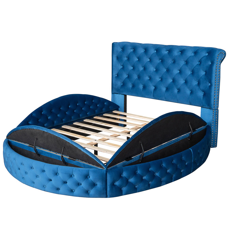 Lit plateforme avec rangement à revêtement rond, Double, Bleu