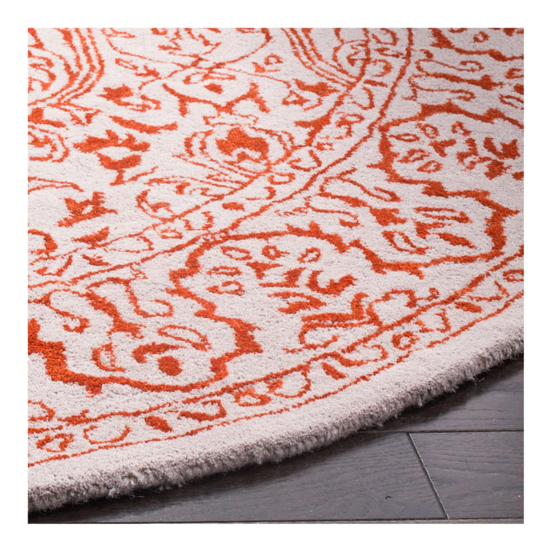 Zeringue Hand Tufted Viscose/Wool Floral Rug in Gray/Rust, Round 6'