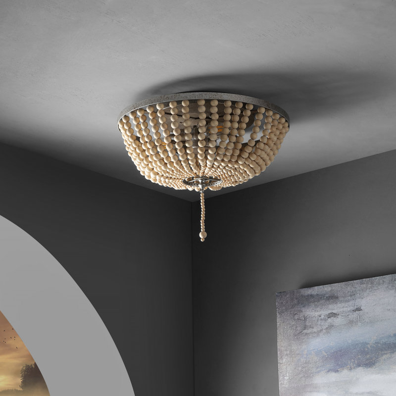 Ohlone Farmhouse Wood Beaded/Metal LED Flush Mount, 12.5" H x 15" W x 15" D, Antique Silver