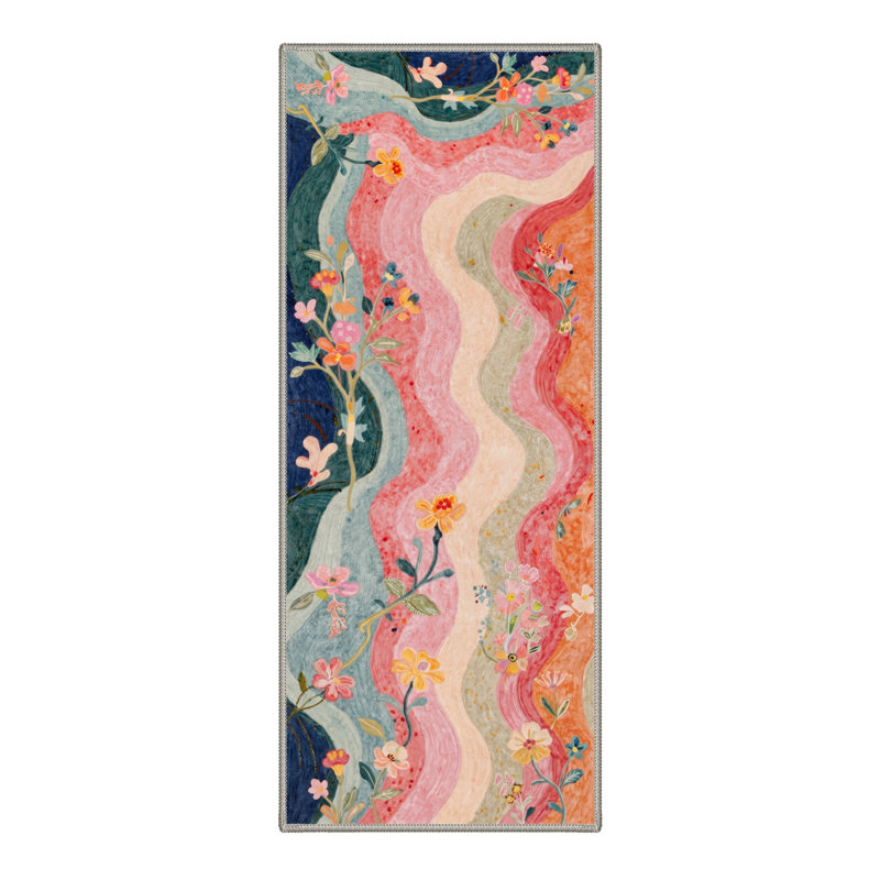 Verdalia Boho Floral Machine Washable Beige / Pink / Green / Blue Indoor Area Rug with Non-Slip Backing, Runner 2'3" x 6'
