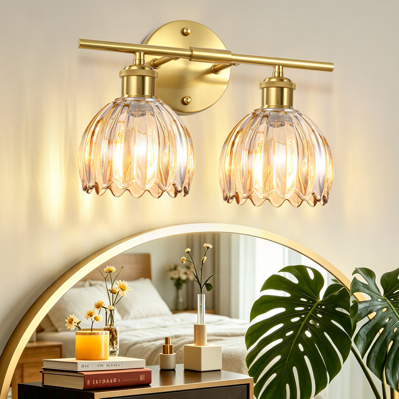 Éclairage pour meuble-lavabo en or 2 lumières avec abat-jour en verre tulipe ambré, applique murale moderne pour miroir, salle d'eau, couloir