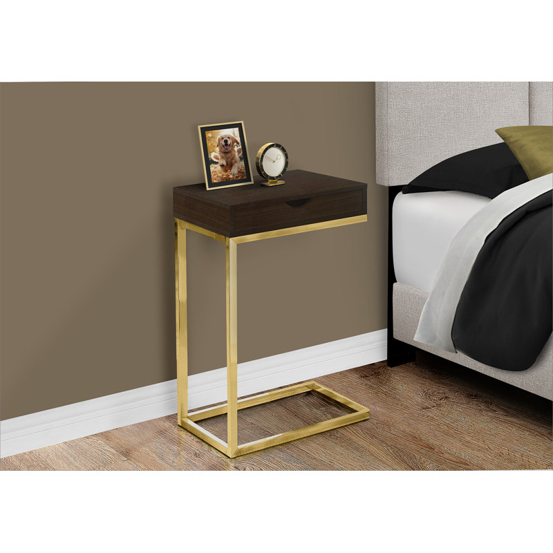 Table à collation en forme de C en stratifié et métal avec tiroir de rangement pour le salon et la chambre à coucher, Gris