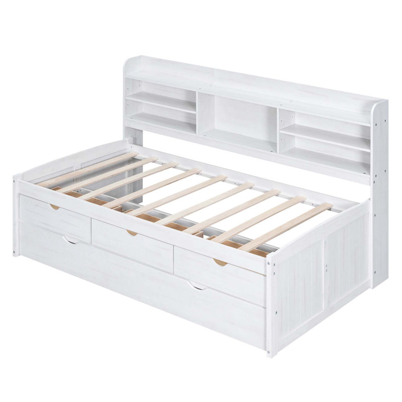 Lit capitaine en bois avec bibliothèque intégrée, trois tiroirs de rangement et lit gigogne, Lit simple, Blanchies