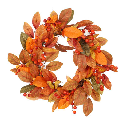 19.7" Fall Orange Leaf & Berry Wreath For Autumn Front Door Decor