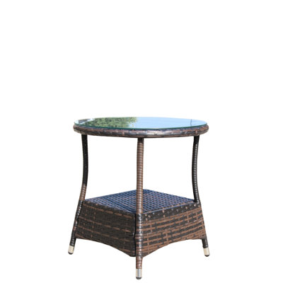 Brown Outdoor Patio Coffee Table With Tempered Glass - Pe & Steel, 21X21x21 Inches, To And Water, Assembly Included Round Metal, 21X21x21", Brown, Required
