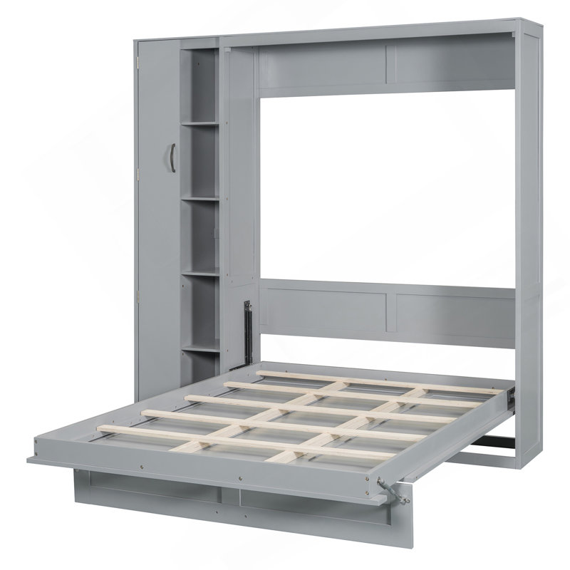 Lit escamotable double pleine grandeur avec tablettes, garde-robe et lumières DEL, gris, Gris, Full