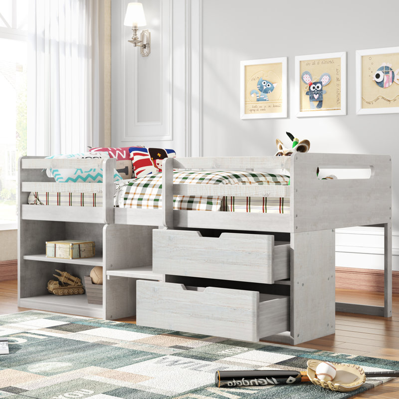 Lit mezzanine simple avec rangement Alivio, Blanc antique