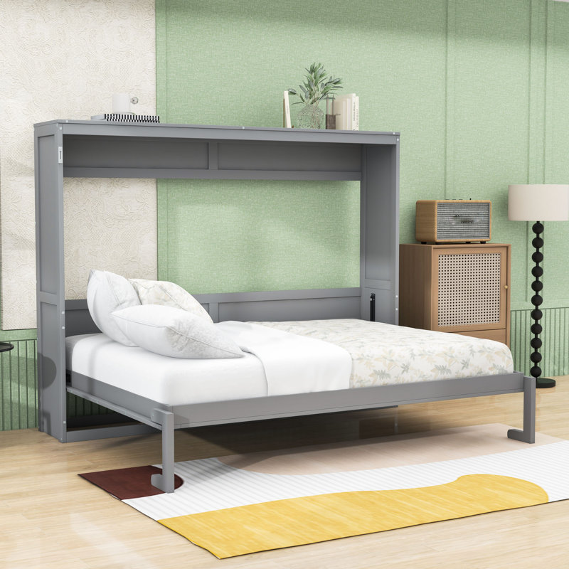 Lit escamotable en bois avec mécanisme de pliage à double piston, Gris, Grand lit