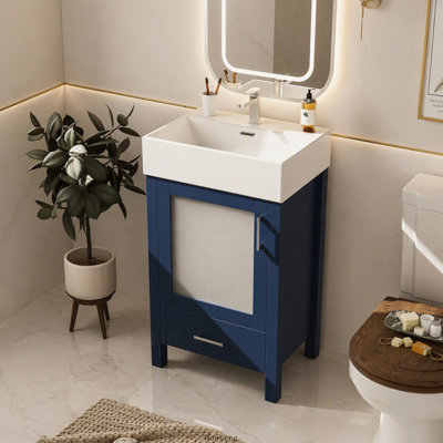Meuble-lavabo de 50 cm avec lavabo en céramique et grand espace de rangement