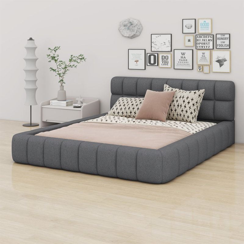 Lit plateforme tapissier avec tissu épais, lit au sol avec structure solide, Gris