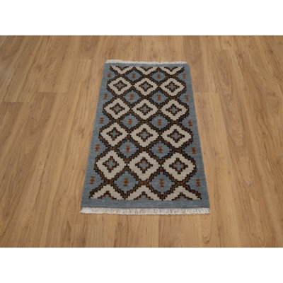 Tapis oriental bleu, argenté 2 pi x 3 pi 1 po, avec motif empilé de style Sud-Ouest américain, moelleux et luxuriant, noué à la main, pure laine, tapis, échantillon