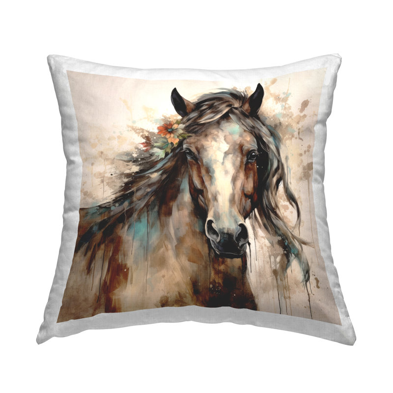Coussin décoratif à imprimé abstrait Horse & Florals par Lazar Studio