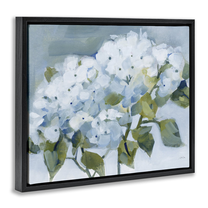 Cadre flottant Blue Spring Cottage Hydrangeas, design par Katrina Pete, Cadre flottant noir de jais, H 17 po x l 21 po