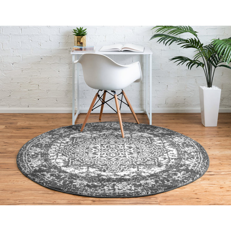 Tapis oriental gris foncé Edelie, Rond 3 pi 3 po