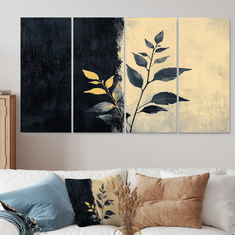 «Black and Beige Herbs Elegance», ensemble d'art mural herbes florales, H 32 po x l 64 po