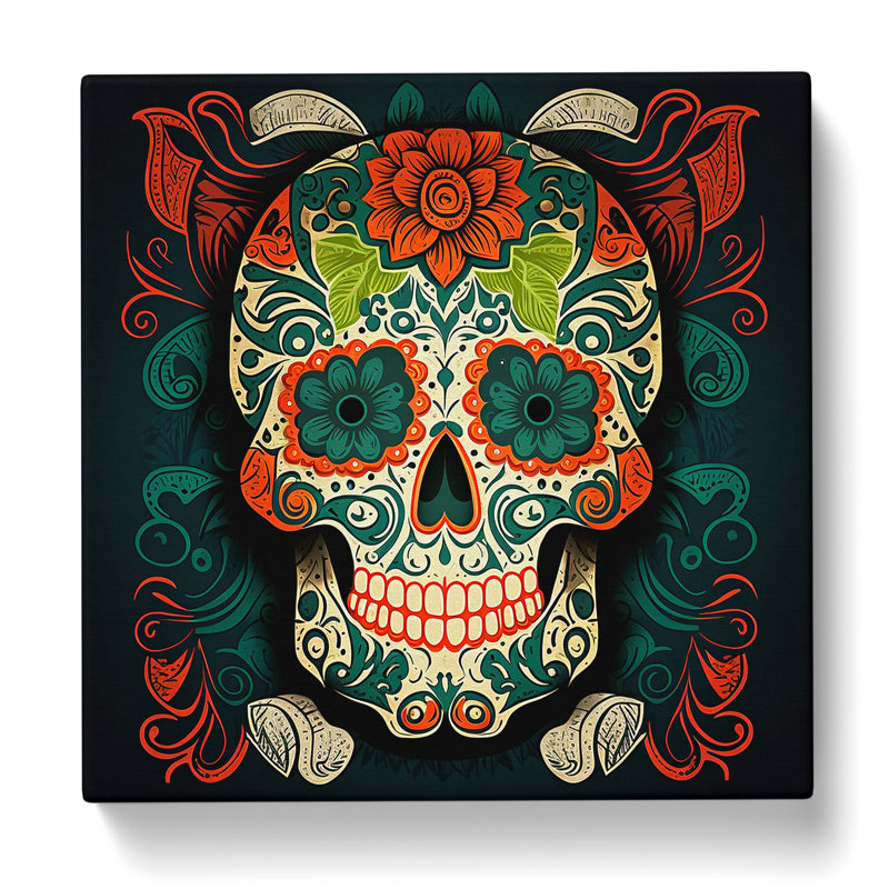 Sugar Skull Retro Art - Wrapped Canvas - Framed Print, 35cm H x 35cm W x 3cm D