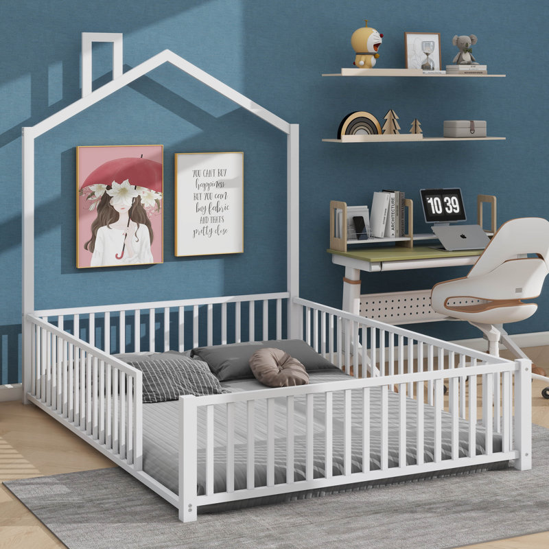Lit plateforme robuste en métal avec barrière de sécurité pour plus de sécurité, Complet/Double, Blanc