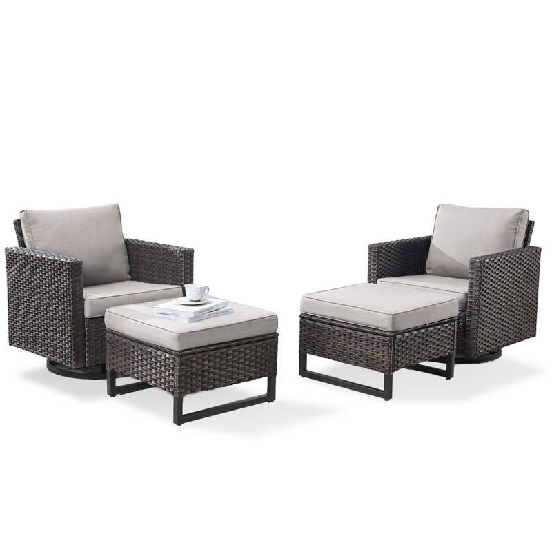 Nazime Outdoor Patio Swivel Rocking Chairs With Ottomans (Set Of 2), Beige