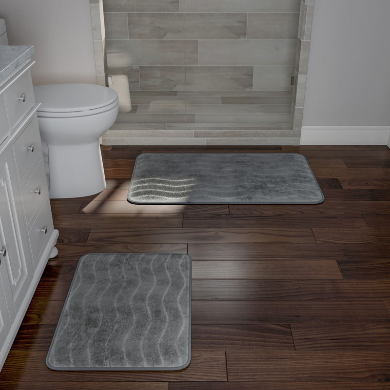 2 Piece Bathroom Rug Set - 32x20 Inch and 23x17 Inch Memory Foam Bath Mats with Textured Wave Print for Stylish Bathroom Decor - Bath Rugs Non Slip Washable Bathmats  (Platinum Gray)