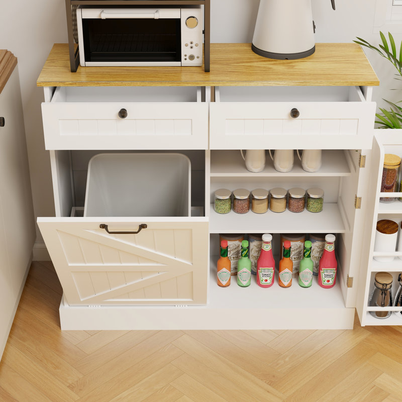 Porte-poubelle de cuisine moderne blanc avec 2 tiroirs, tablettes et porte inclinable