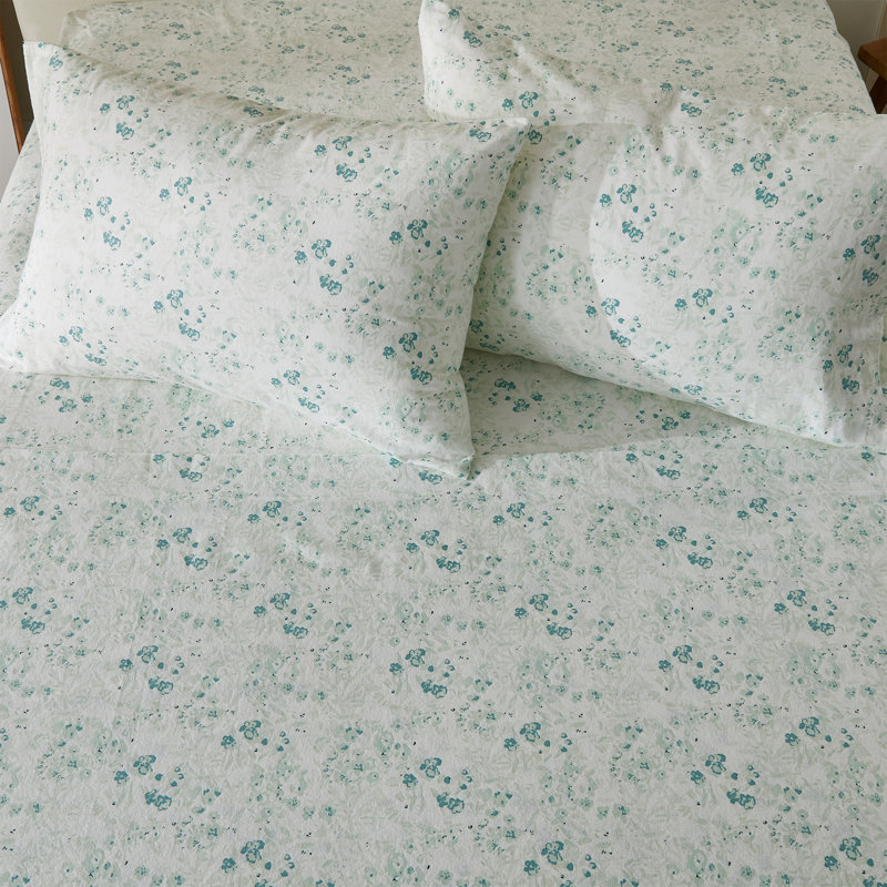 100% Cotton Vintage Floral Printed Flannel Sheet Set, King Sheet Set + 1 Fitted Sheet + 2 Pillowcases, Abstract Floral - Blue