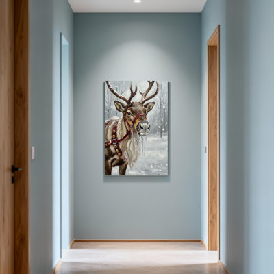 Animals Reindeer In Winter Forest With Snowfall
