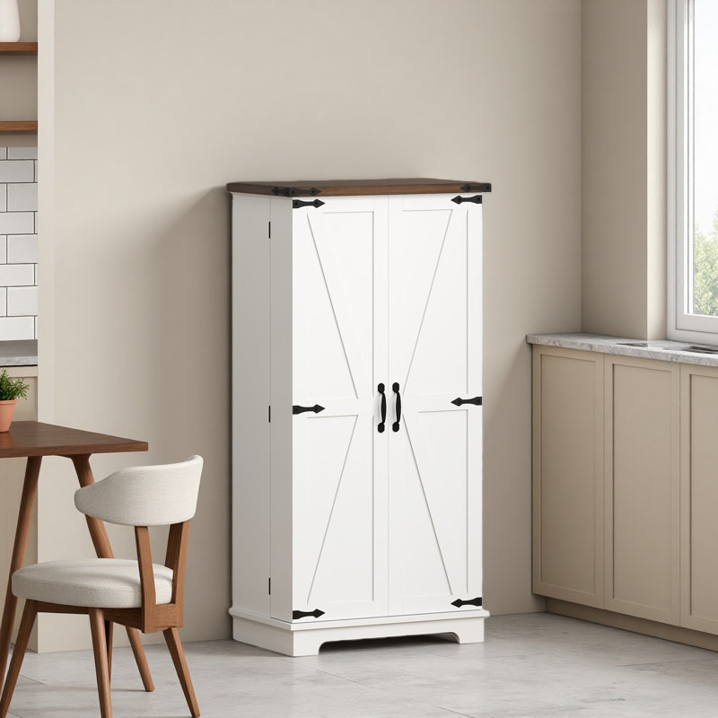 Armoire de cuisine 47 po avec lumière DEL à détection, armoire de rangement de ferme avec portes, 2 tablettes réglables et 12 tablettes de porte, armoire autoportante, blanc