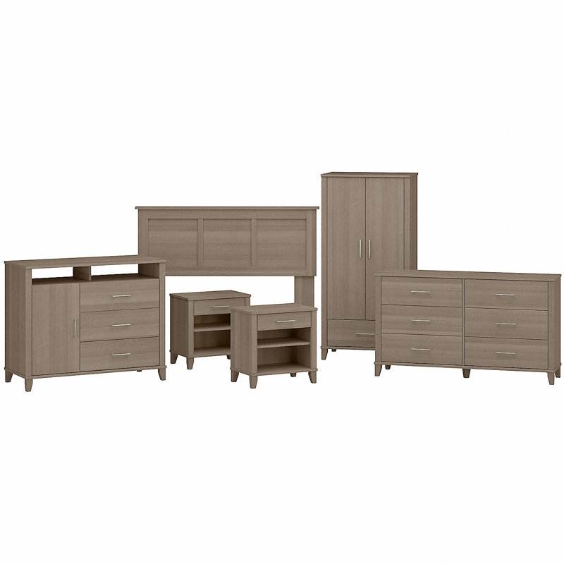 Ensemble de chambre à coucher 6 pièces avec tête de lit double / grand et rangement Katia, Gris cendre