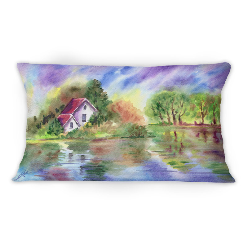 «Vibrant And Poetic Landscape, A House River, Trees - Coussin décoratif à imprimé champêtre 1