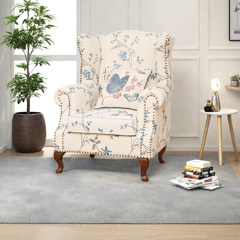 Chenille jacquard et fauteuil inclinable clouté, Bleu / Beige