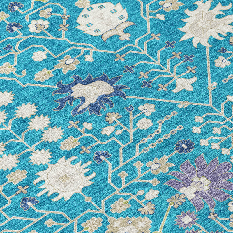 Teal Flat Woven Rectangular Synthetic Washable Rug