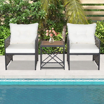 3 Piece White Rattan Conversation Set Patio Wicker Chairs And Coffee Table Set