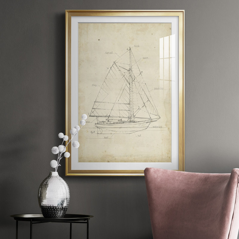 Voilier, plan III encadré sur papier, Encadrement doré, H 36,5 po x l 26,5 po x P 1 po
