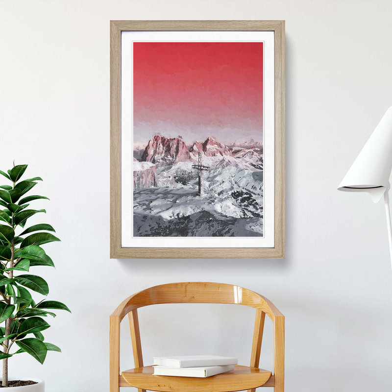 Cross in the Mountains in Abstract - Picture Frame Graphic Art Print, 36cm H x 27cm W x 2cm D, Oak Framed