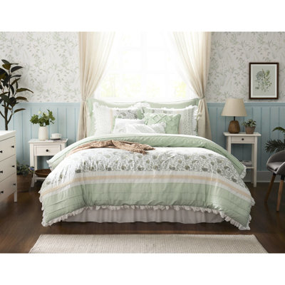 Édredon très grand avec détails floraux, coton, teinte sauge, 9 charmants