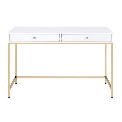 White High Gloss Writing Desk With Gold Hardware, 2 Drawers | Gift Idea